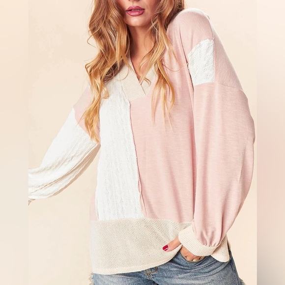 Women’s Pink, Taupe, & Ivory Color Block Cable Knit Patchwork Top, S/M/L - Picture 8 of 8